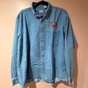 Blue Denim Button-Up Shirt with Embroidered Patch